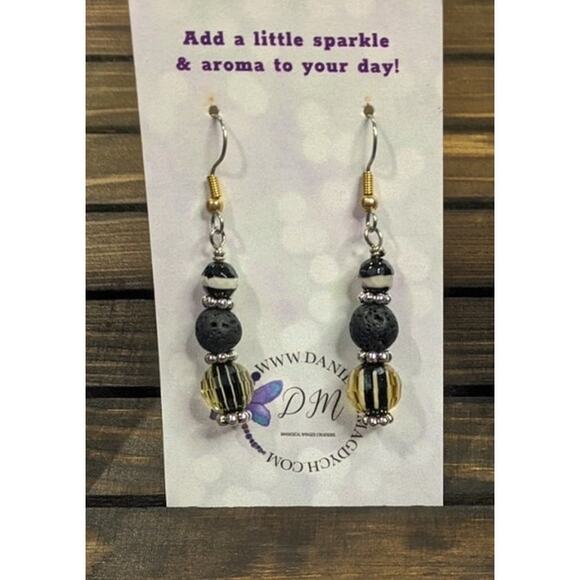 Artisan Made Dangle Diffuser Earrings Striped Glass Black Lava Beads Pierced NEW - Picture 6 of 10
